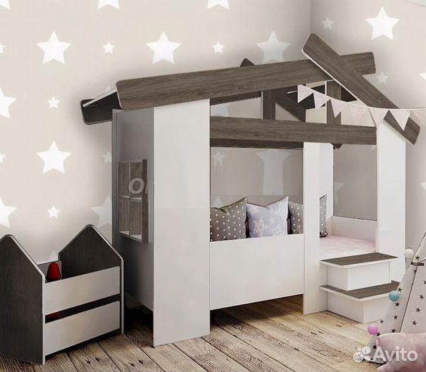 Детская кровать домик со ступеньками Сказочная