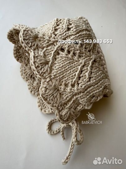 Ажурный вязаный чепчик 0-3 мес