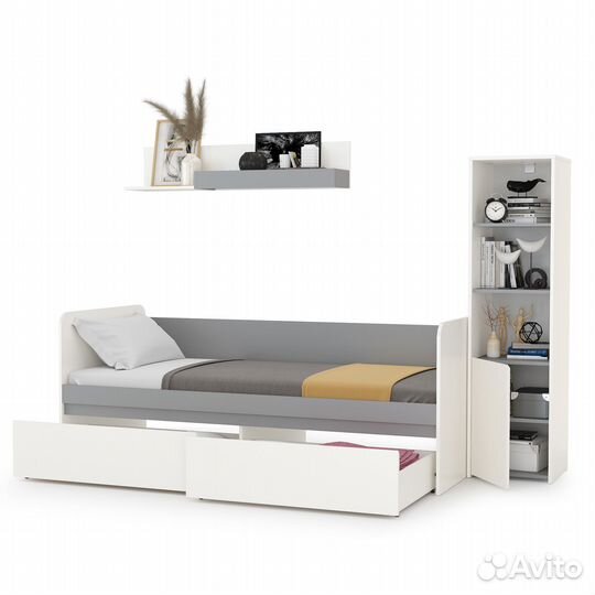 Мебель для детской комнаты с кроватью с ящиками Торонто № 23, цвет белый шагрень/стальной серый, шхг