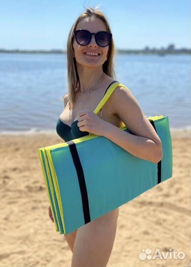 Пляжный коврик складной бирюзово-желтый с лямками