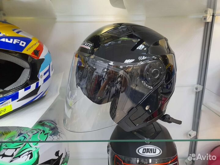 Мото шлем открытый Jiekai с очками черный глянец