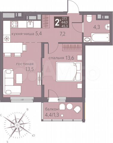 2-к. квартира, 45,3 м², 8/16 эт.