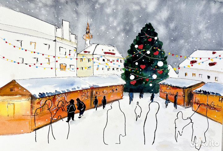 Живопись Акварель. Картина зима