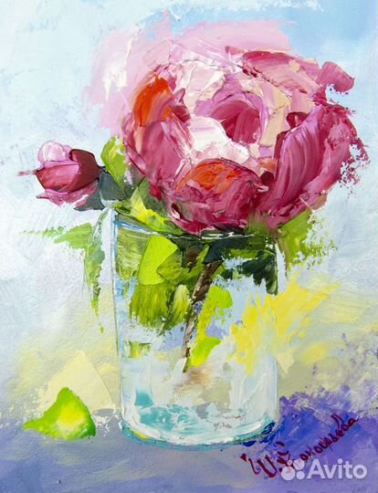 Картина маслом розы в стеклянной вазе