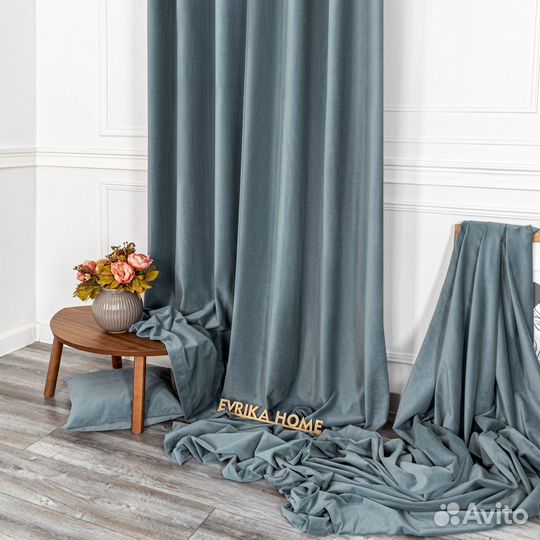 Комплект портьер бархат Богема Серо-голубой шторы