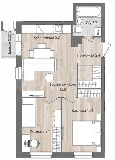 3-к. квартира, 46,9 м², 2/4 эт.