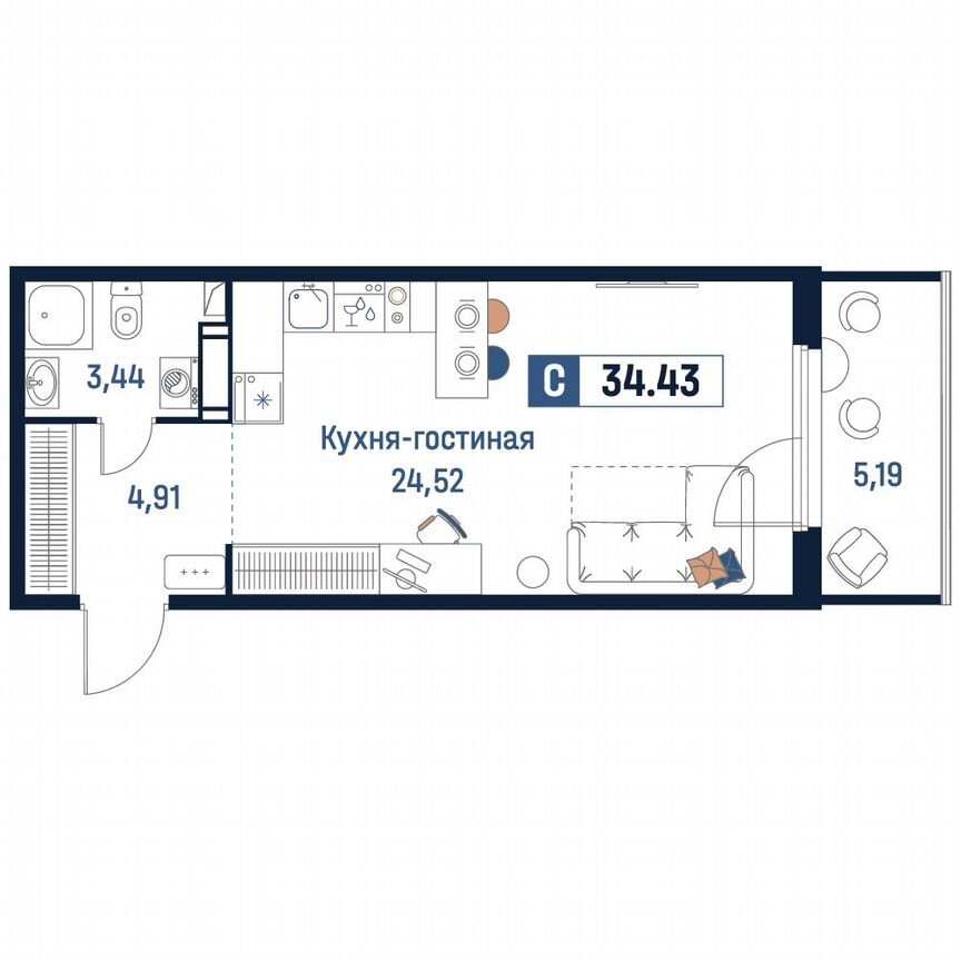 Квартира-студия, 34,4 м², 5/18 эт.
