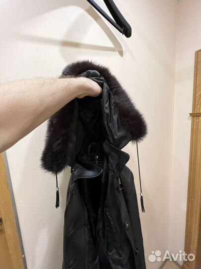 Пальто кожанное женское длинное с капюшоном