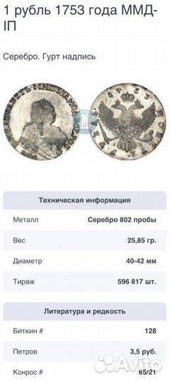 Монета Елизавета 1753