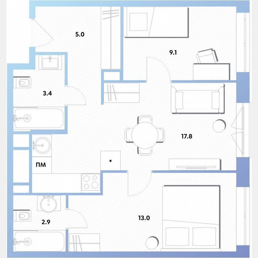 2-к. квартира, 51,2 м², 5/30 эт.