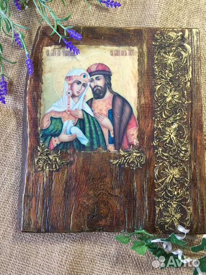 Панно на стену Петр и Феврония. Деревянное панно