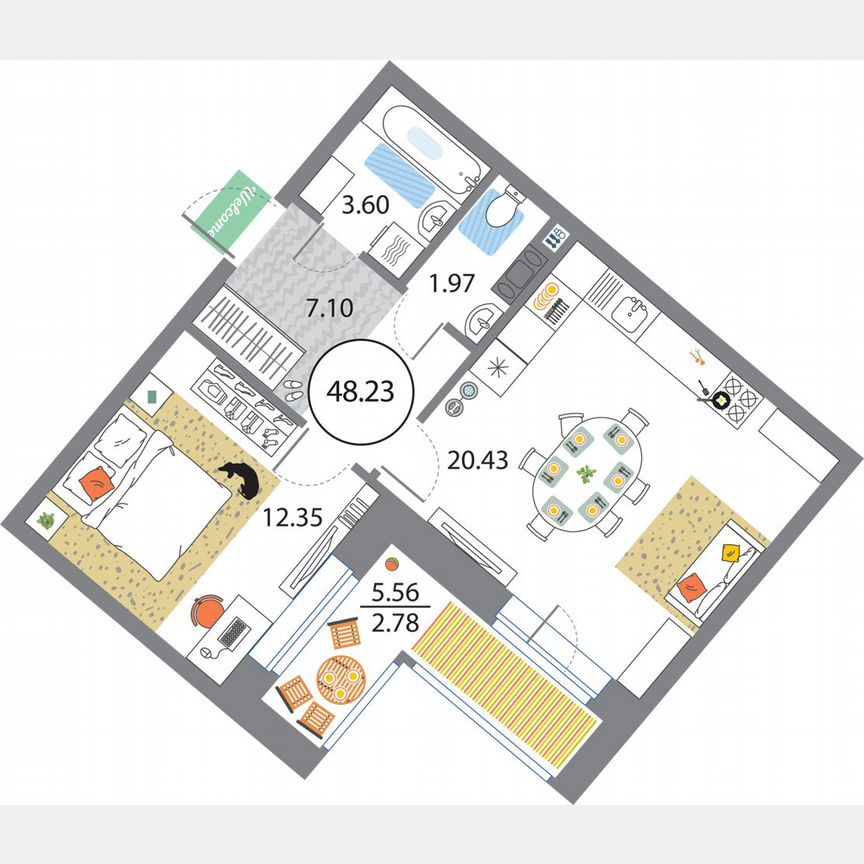 1-к. квартира, 48,2 м², 5/12 эт.