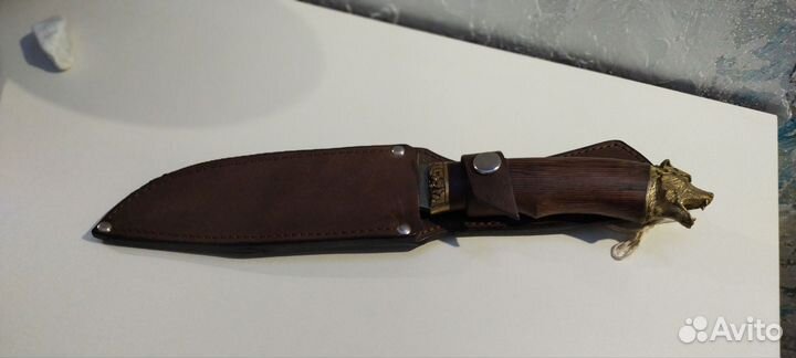 Авторский нож Медведь, сталь дамаск, берёза, кожа