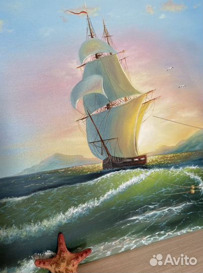 Картина маслом «море»парусник,закат