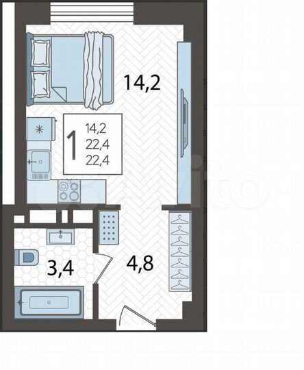 Апартаменты-студия, 22,4 м², 13/15 эт.