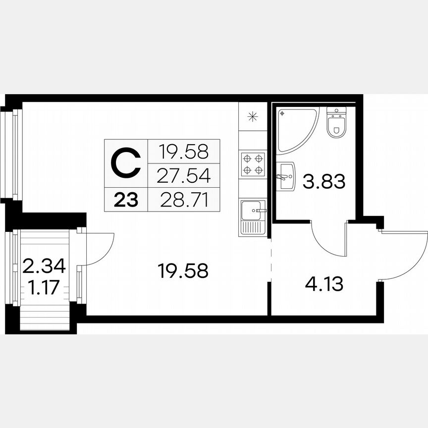 Квартира-студия, 28,7 м², 3/15 эт.