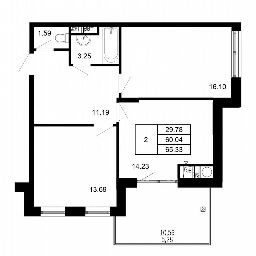 2-к. квартира, 65,3 м², 3/4 эт.