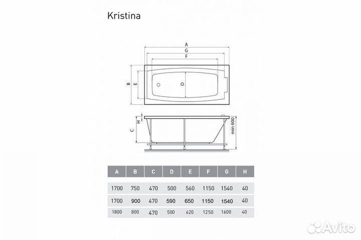 Ванна акриловая Relisan Kristina Гл000025600 170х90