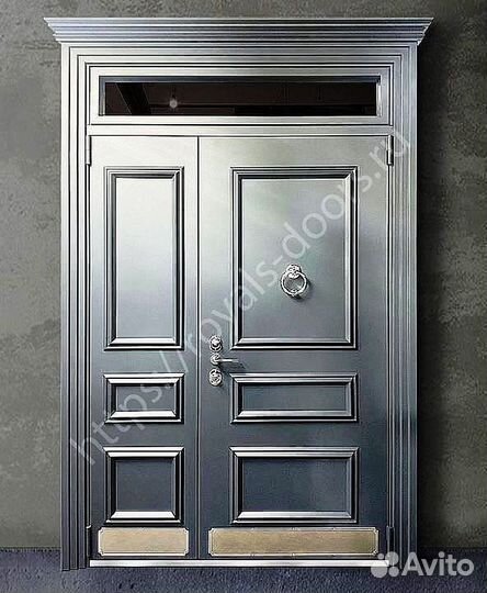 Уличная металлическая дверь с фрамугой и багетом