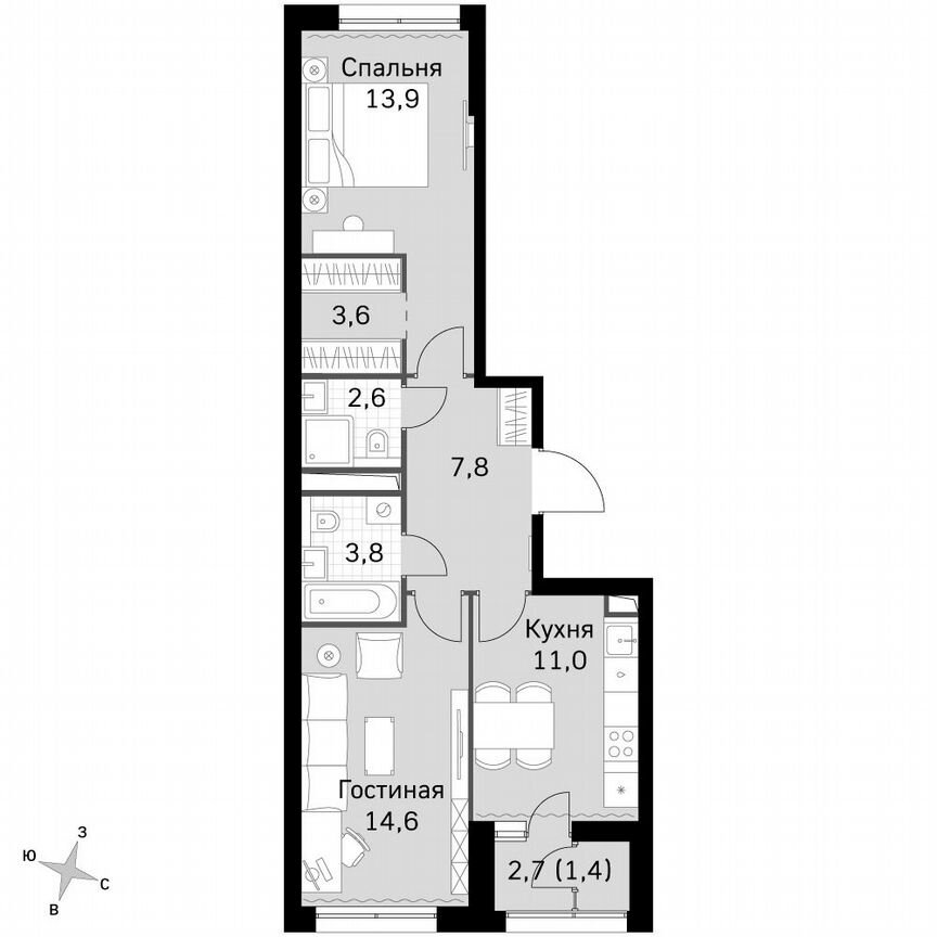 2-к. квартира, 58,6 м², 6/6 эт.