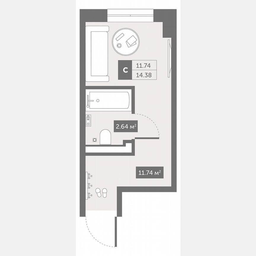 1-к. апартаменты, 14,4 м², 2/13 эт.
