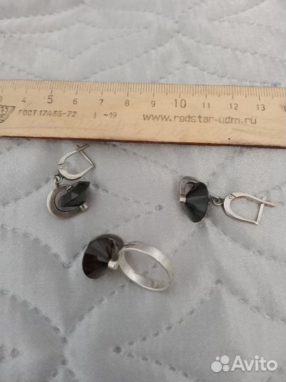 Серебряные серьги и кольцо, раухтопаз, 925
