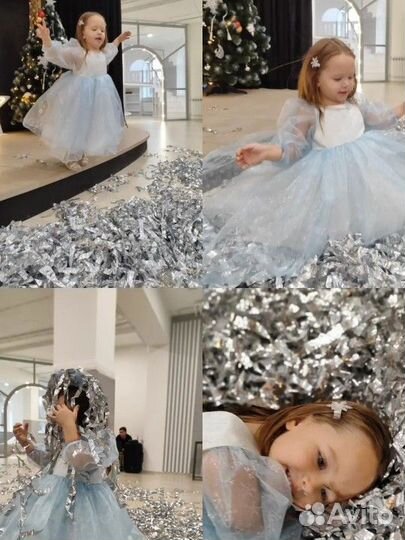 Платье пышное голубое со снежинками