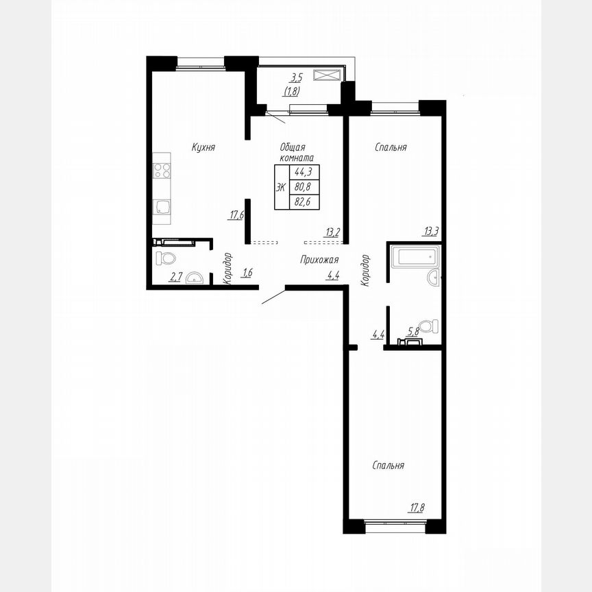 3-к. квартира, 82,6 м², 12/17 эт.