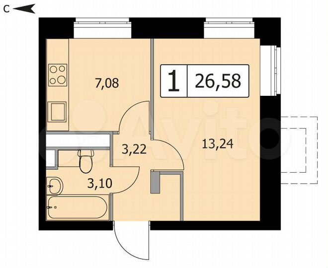 1-к. квартира, 26,6 м², 1/8 эт.