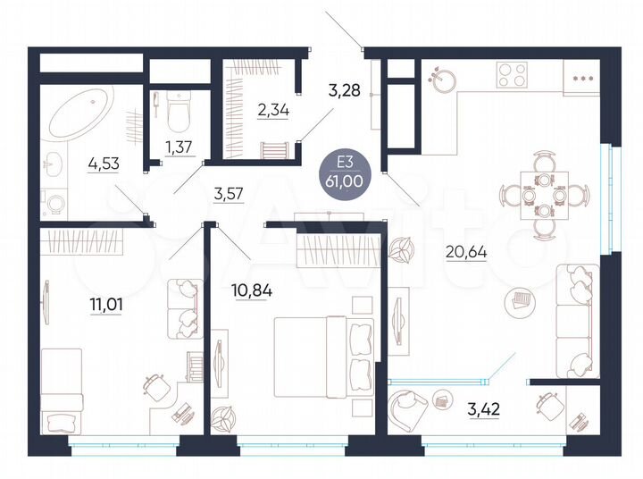 2-к. квартира, 61 м², 21/25 эт.