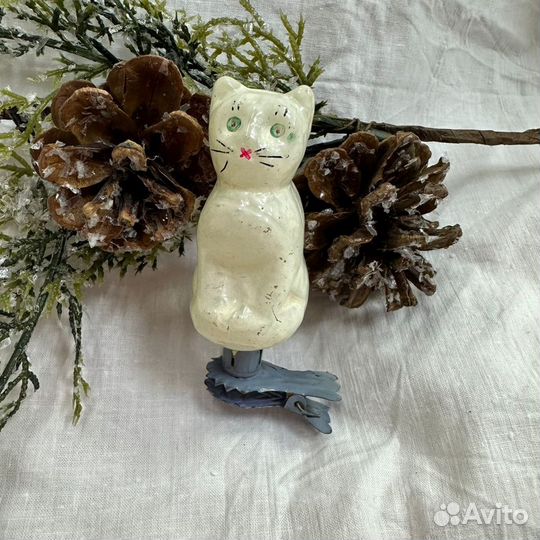 Елочная игрушка кот котик белый на прищепке СССР