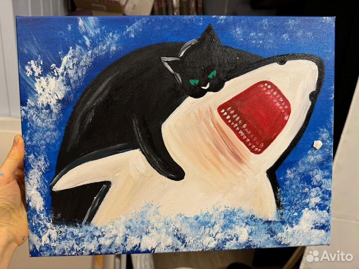 Котик кусает акулу картина мем с юмором для настро