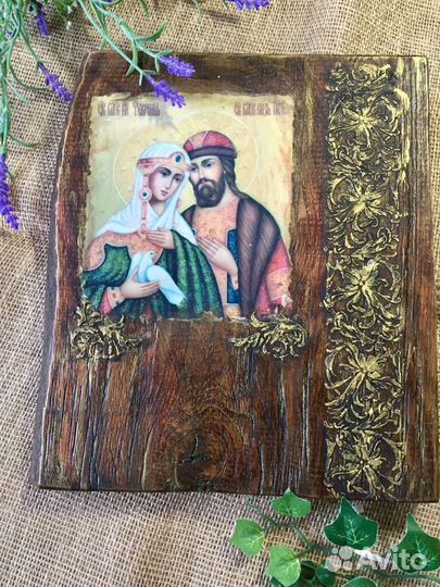 Панно на стену Петр и Феврония. Деревянное панно