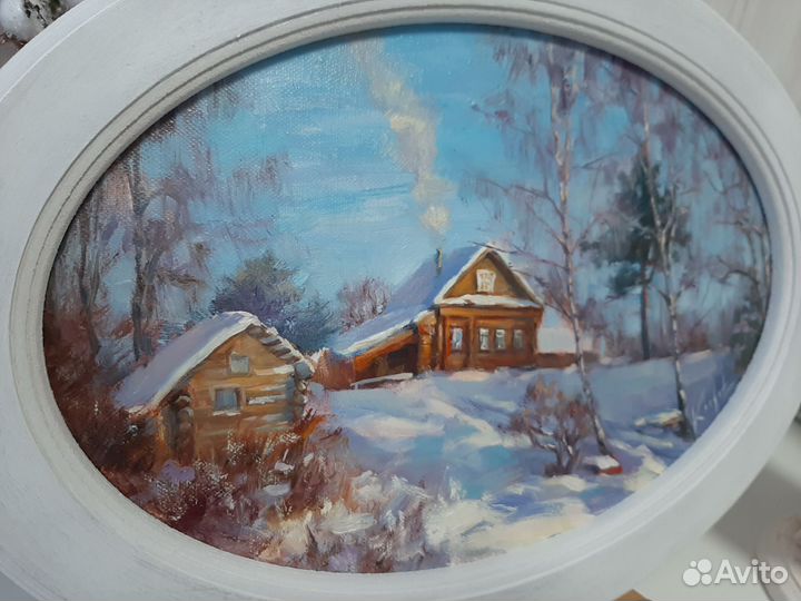 Картина зимний пейзаж с домиком