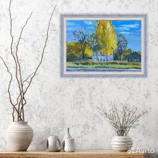 Картина маслом Береза у дома Пейзаж на холсте
