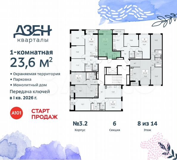 Квартира-студия, 23,6 м², 8/14 эт.