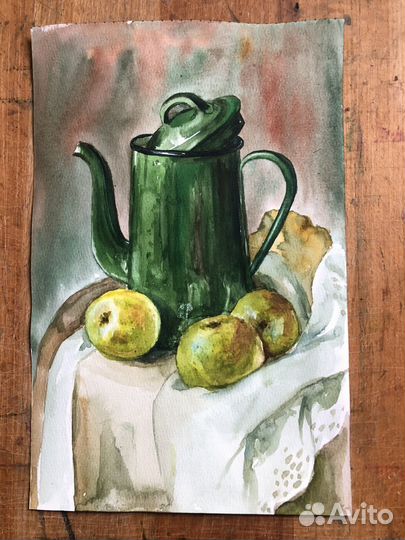 Картина, натюрморт с яблоками,акварель