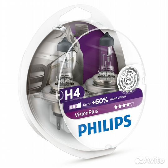 Лампа Philips H4 12V 60/55W P43t visionplus (set-2