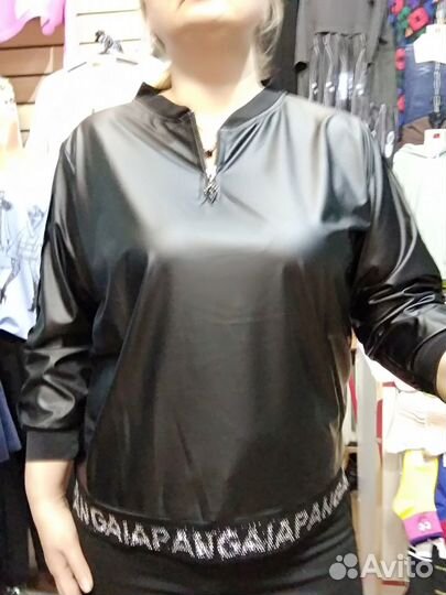 Бомбер,блуза из экокожи, стразы, 54