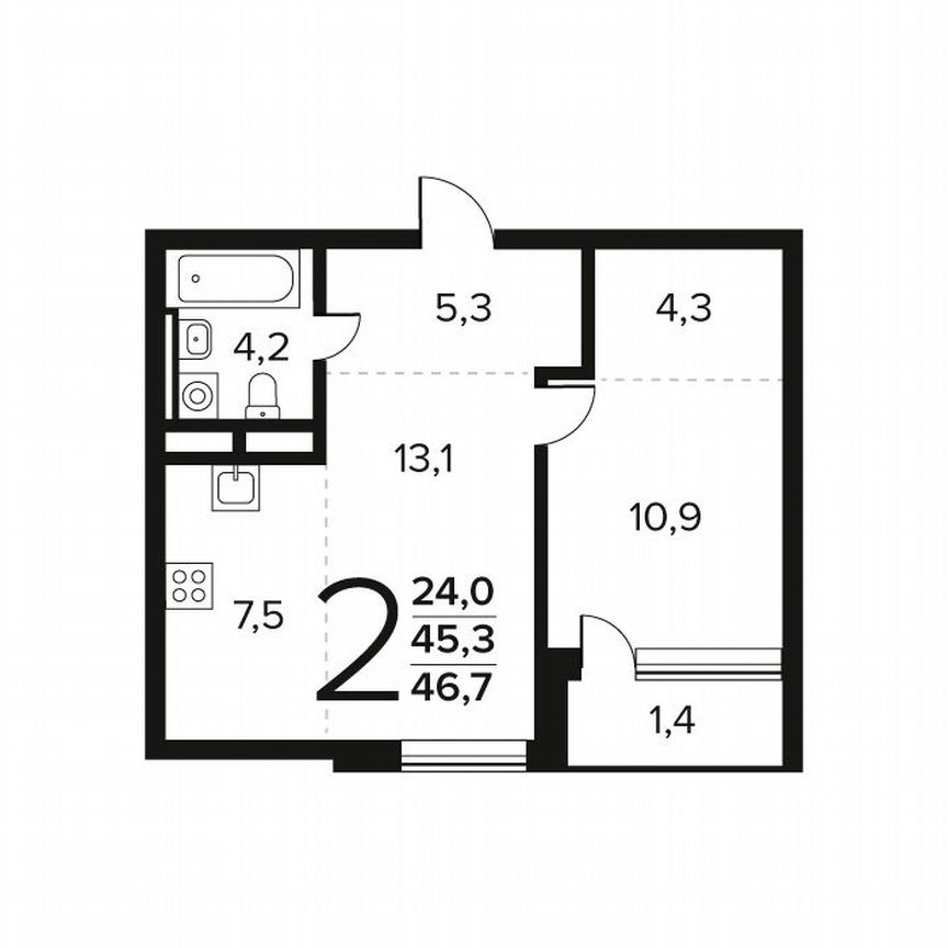2-к. квартира, 46,7 м², 5/12 эт.