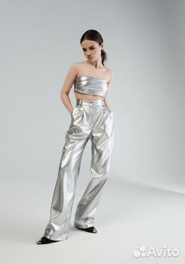 Брюки из экокожи серебро