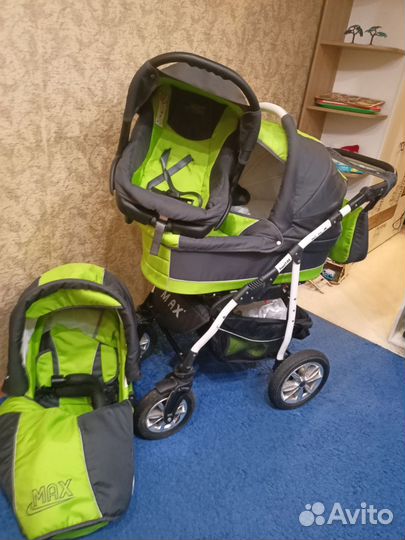Продам коляску детскую 3 в 1 серо-салатового цвета