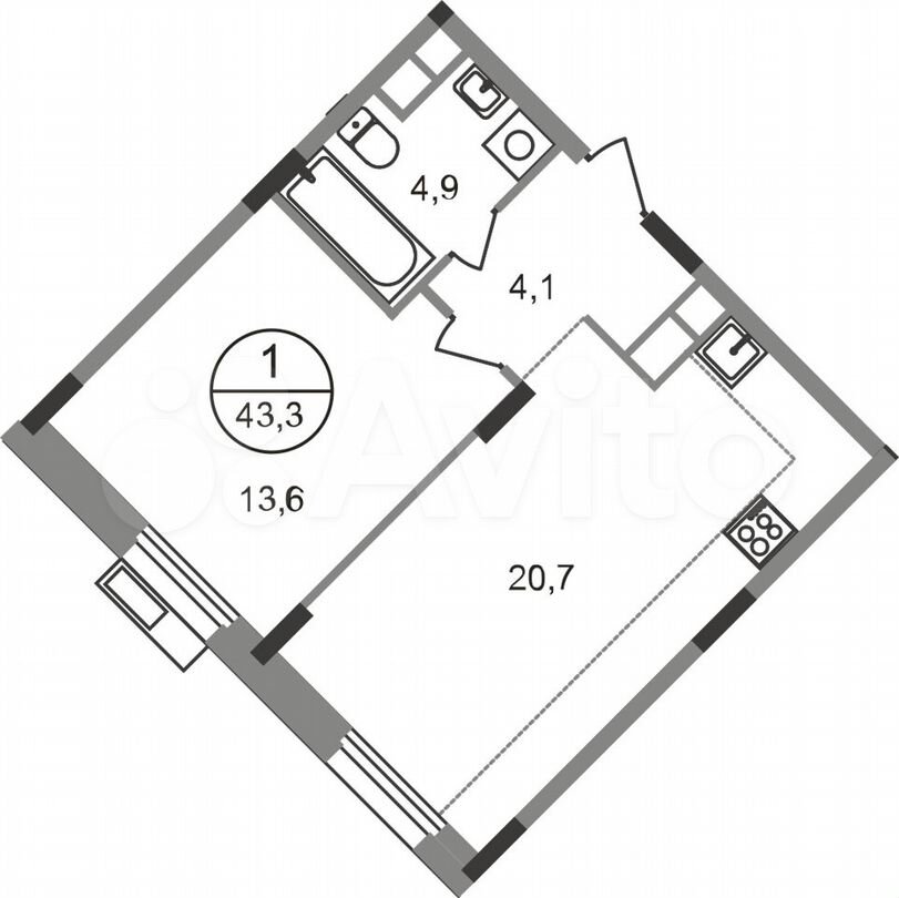 1-к. квартира, 43,3 м², 2/9 эт.