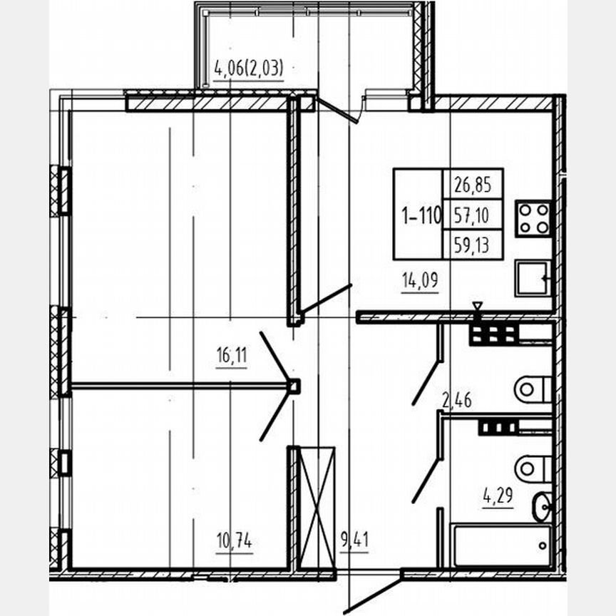 2-к. квартира, 57,1 м², 4/4 эт.