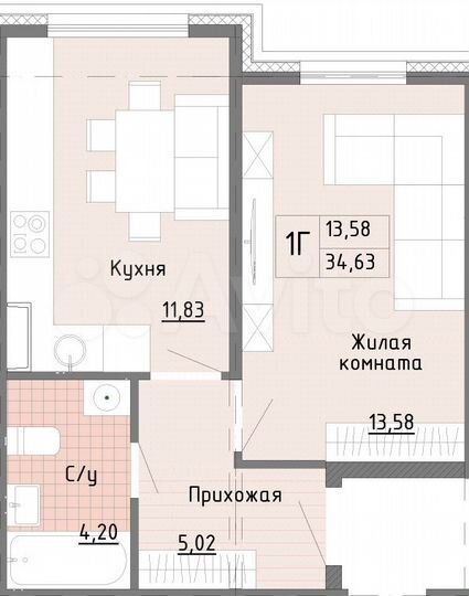 1-к. квартира, 34,6 м², 2/4 эт.