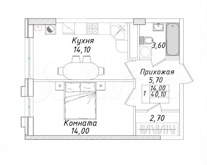 1-к. квартира, 40,1 м², 3/8 эт.