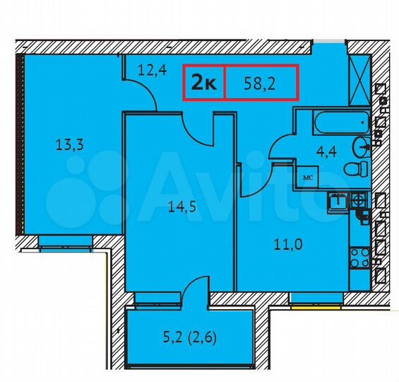 2-к. квартира, 58,2 м², 6/9 эт.