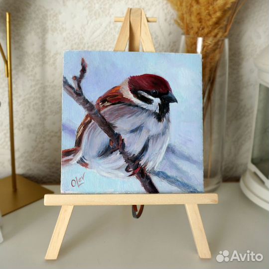 Картина маслом Воробей 10х10см. В наличии