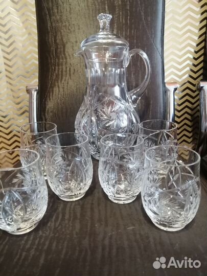 Хрустальный кувшин с крышкой+6 стаканов