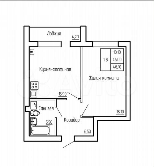 1-к. квартира, 48,8 м², 4/5 эт.